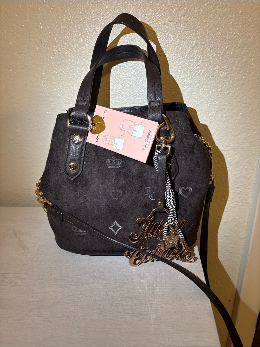 Juicy Couture Black Suede-Style Satchel with Gold Hardware